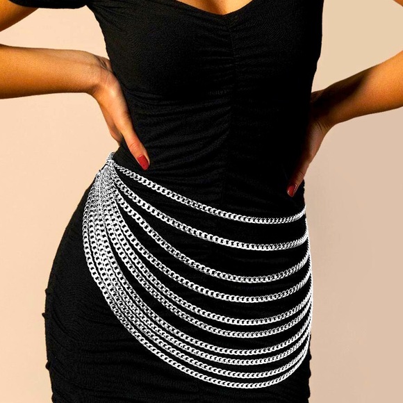 Silver Metal Chunky Draped Chain Adjustable Statement Belt - Picture 1 of 2